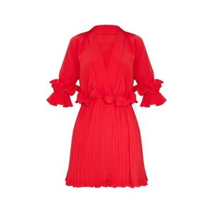 PrettyLittleThing Red Frill Pleated Dress Size 4